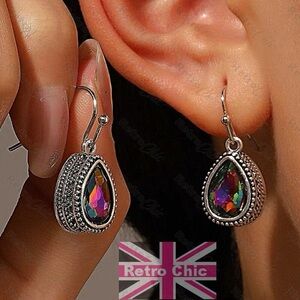 Silver Teardrop Earrings with Multicolor Gem
NWT